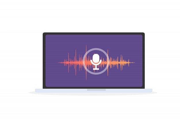 Spracherkennung persönlicher assistent in der mobilen app. konzeptillustration des geräts mit mikrofonsymbol auf dem bildschirm und sprach- und tonimitationslinien.