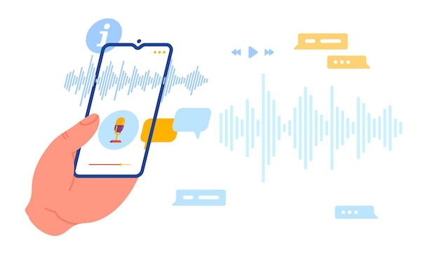 Sprachnachricht voicemail-wiedergabe hand mit smartphone und tonaufzeichnungsleitungen mobile audionachricht schallwellenfrequenz telefonbildschirm mit mikrofon messenger-app vektorkonzept