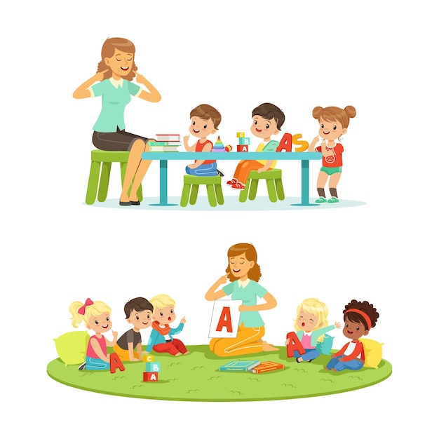 Sprachtherapeutin macht logopädische Artikulationsübungen in einem Kindergarten-Kartoon-Vektorillustration