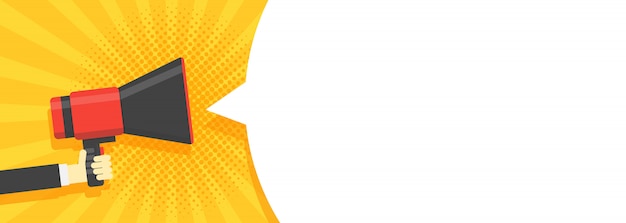 Sprechblasen durch Megaphon-Banner angekündigt