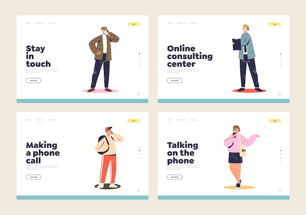 Sprechen über das handy-konzept von set-vorlagen-landingpages mit verschiedenen leuten verwenden smartphone