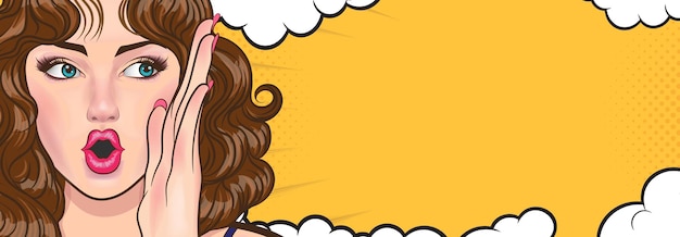 Sprechende Frau flüstert Gerüchte Geheimnis Retro Pop Art Comic Vintage