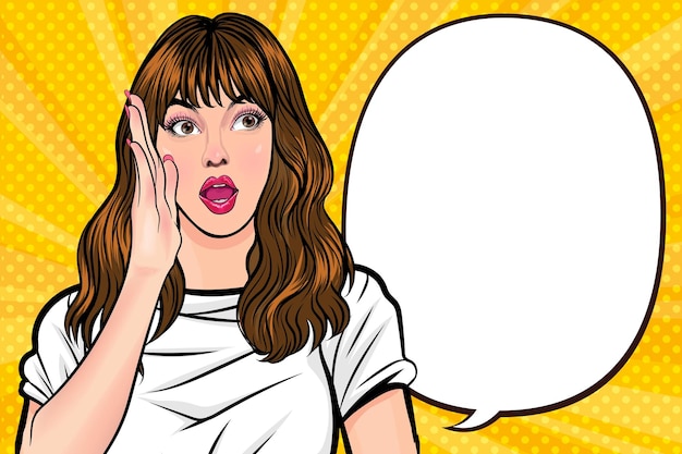 Sprechende Frau flüstert Gerüchte Geheimnis Retro Pop Art Comic Vintage