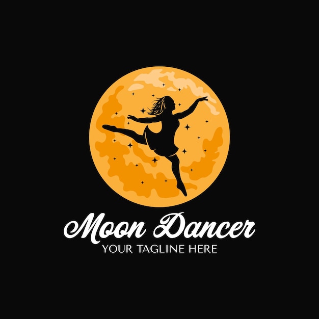 Springende ballerina-tänzerin mit gelber mond-hintergrund-logo-design-vorlage