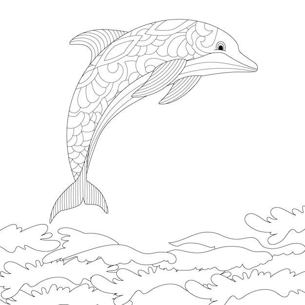 Springendes delphin-malbuch mit geometrischen meereswellen-ornamenten für erwachsene