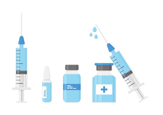 Spritzen- und fläschchen-impfstoff-medizinflasche vektorsymbol medizinisches injektionskonzept