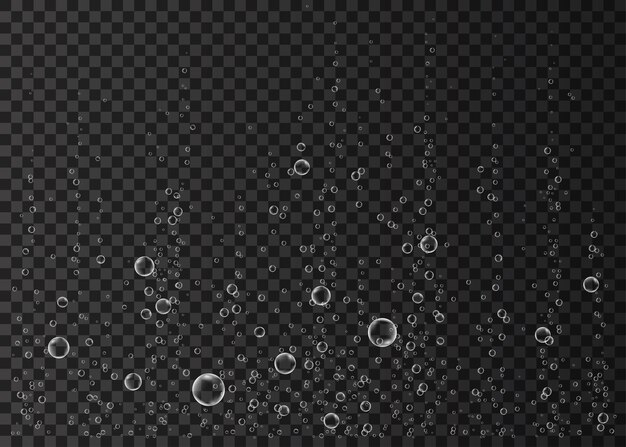 Sprudelnde Luft unter Wasser oder Sauerstoffblasen auf schwarzem Hintergrund Sprudelndes Getränk Fizzy funkelt im Meeresaquarium Champagner Soda Pop Unterwasser-Vektortextur