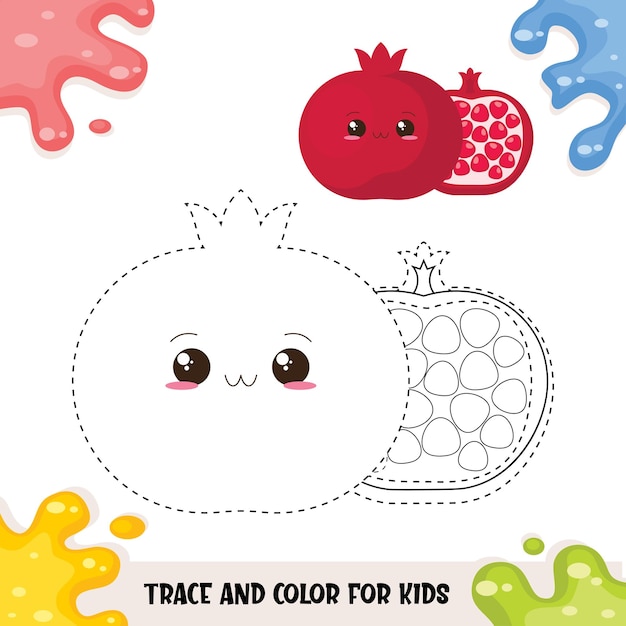 Spur und farbe für kinder mit granatapfelspaltung in halber illustration