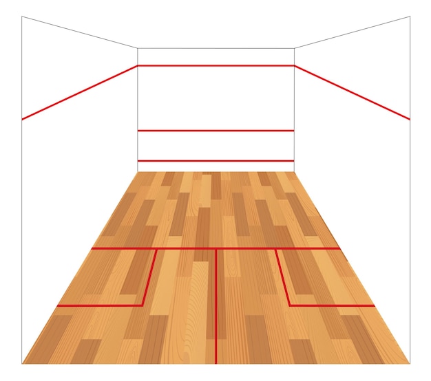 Squash-court mit roter linienmarkierung holzparkett und weiße wände realistischer spielplatz 3d-ansicht hartholzboden indoor-spiele im fitnessstudio isolierte vektordarstellung auf weißem hintergrund