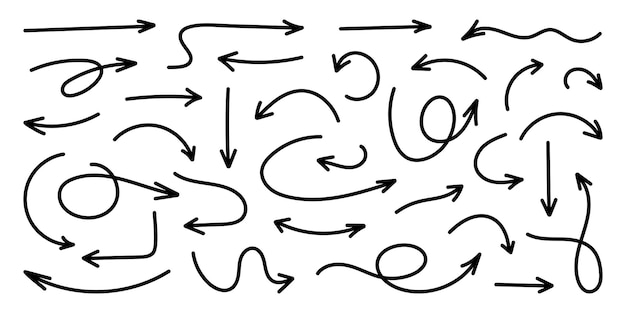 Squiggly schwarzer Pfeil-Set Doodle Bewegung Spirallinien Bleistift Pinsel Pfeile für Ikonen Skizze Textur