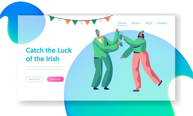 St. patrick day joyful irish party landing page. junges paar trinkt bier. merry reveler feiern sie die traditionelle grüne kostüm-website oder webseite von holiday wear. flache karikatur-vektor-illustration