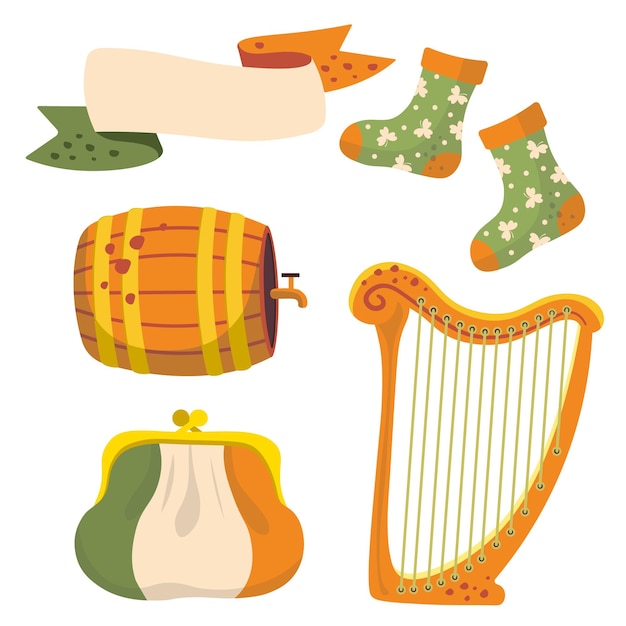 Vektor st patrick illustration set harfe geldbörse irish flag fass