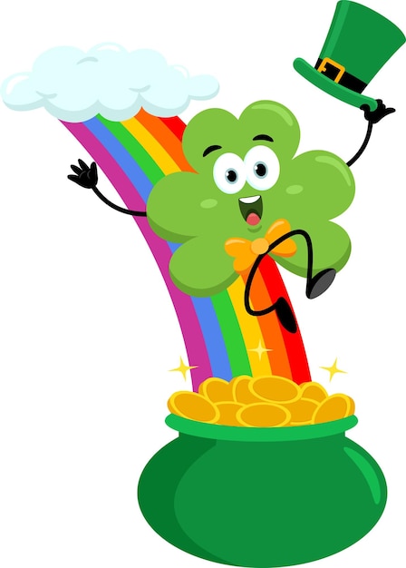 Vektor st. patrick's clover leaf zeichentrickfigur reitet auf einem regenbogen auf die spitze eines töpfes mit gold