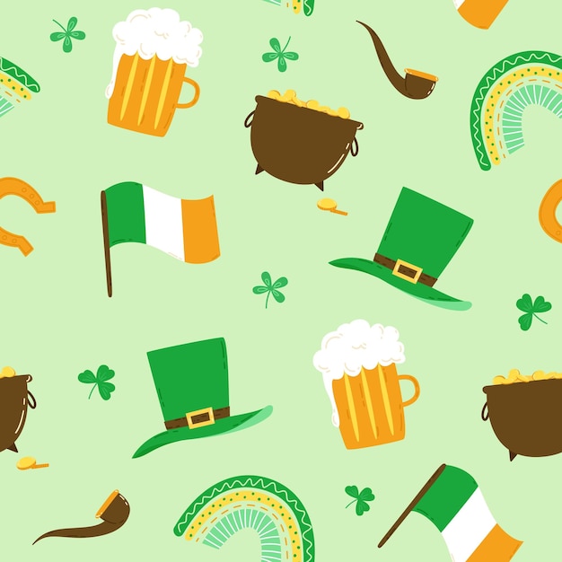 St. patrick's day nahtloses muster mit hutklee-topfpfeifenfahne und regenbogen-vektorillustration