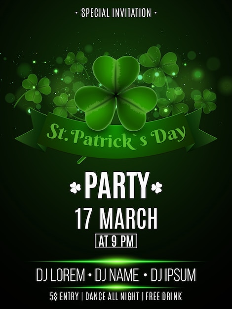 St. patrick's day party flyer. klee mit abstrakten lichtern bokeh.