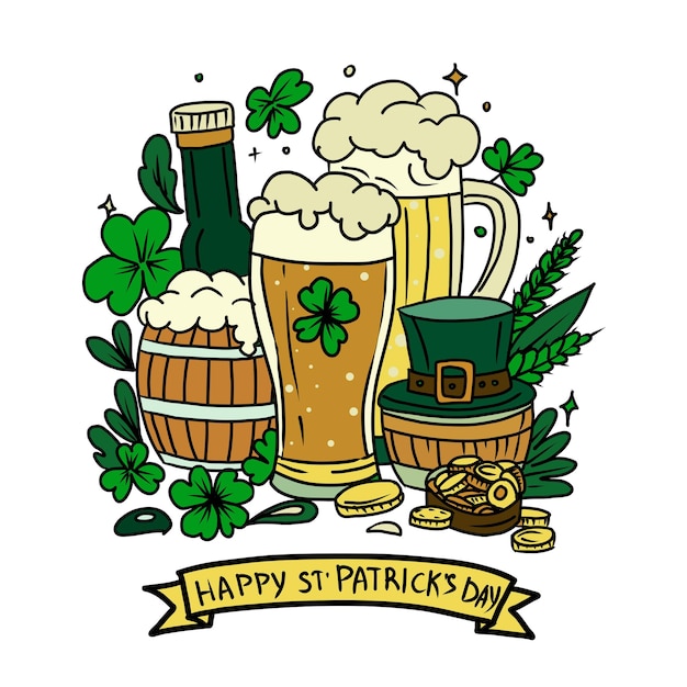 St. Patrick's Day Vektor-Illustration mit Bier-Klee-Blättern Hut Topf mit Gold und Münzen