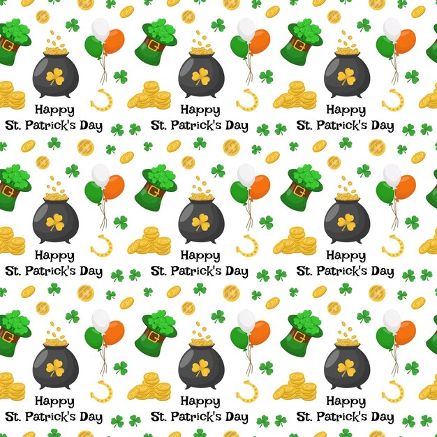 St. Patrick39s-Tag nahtloses Muster mit Leprechaun-Hut Schrift mit Klee-Münzen und einem Hufeisen