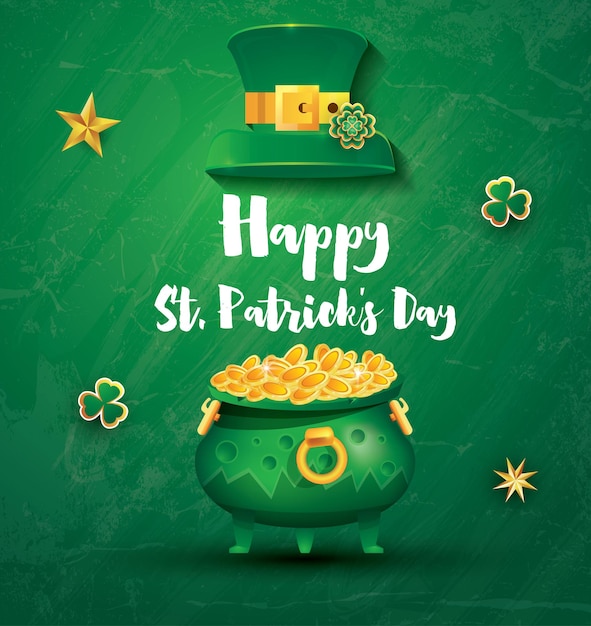 St. patricks day festliches banner mit topf gefüllten goldenen münzen, grünem hut und shamrock