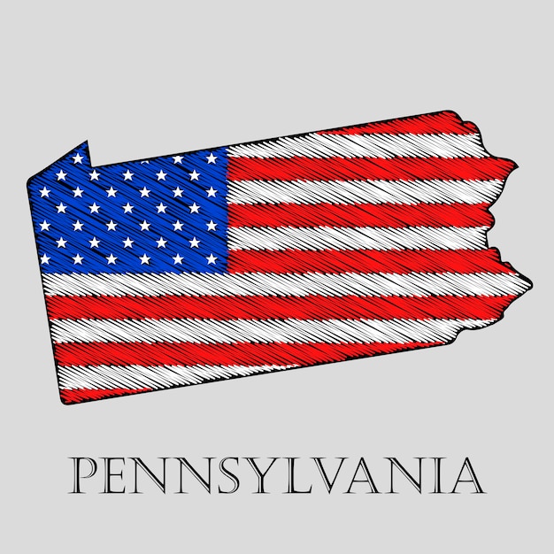 Staat pennsylvania im scribble-stil - vektorillustration. abstrakte flache karte von pennsylvania mit der auferlegung der us-flagge.