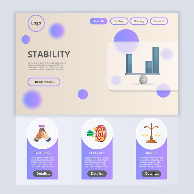 Stabilität Flat Landing Page Website-Vorlage Toleranz Genauigkeit Gerechtigkeit Web-Banner mit Header