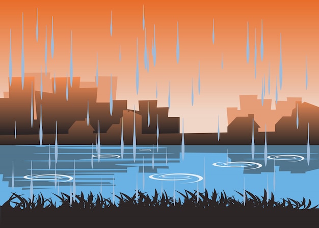 Stadt in der regenzeitvektorillustration