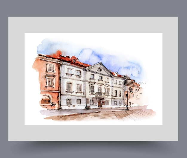 Stadt mit dreistöckigen Gebäuden im Stil der europäischen Architektur, Wandkunst, Aquarellkunstwerke