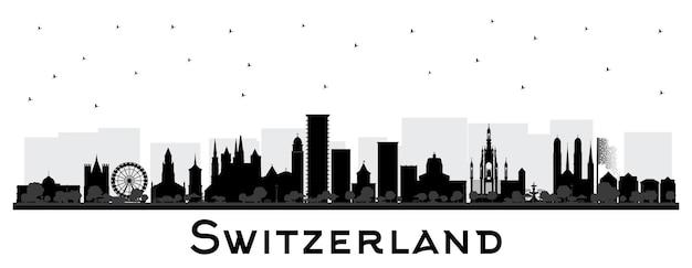 Stadt-skyline-silhouette mit schwarzen gebäuden, isoliert auf weiß moderner und historischer architektur schweiz stadtbild mit sehenswürdigkeiten bern basel lugano zürich
