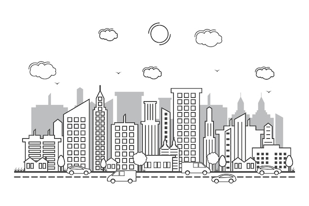 Stadt-stadtbild-skyline-straßen-straßen-linie design illustration