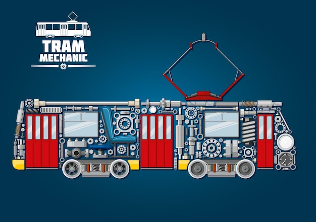 Stadtbahnmechaniker. straßenbahnwagen aus mechanischen zahnrädern, türen und fenstern