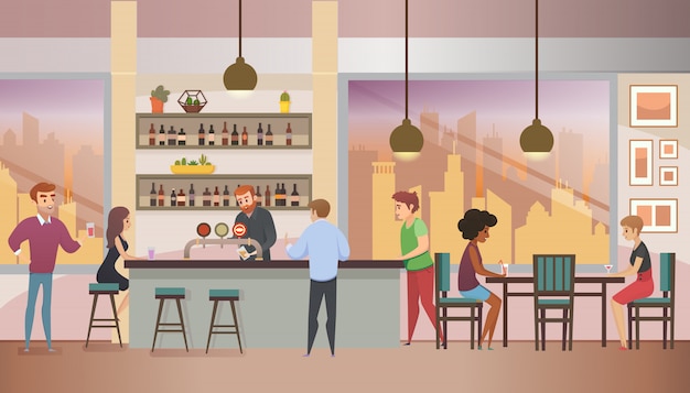 Stadtbar voll von Besucher-flacher Vektor-Illustration