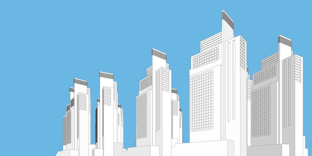 Stadtbild-Gebäudeperspektive, modernes Gebäude in der Skyline der Stadt, Stadtsilhouette, Stadtwolkenkratzer, Geschäftszentrum, Vektorillustration in flachem Design.