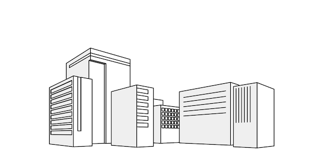 Stadtbild-gebäudeperspektive, modernes gebäude in der skyline der stadt, stadtsilhouette, stadtwolkenkratzer, geschäftszentrum, vektorillustration in flachem design.