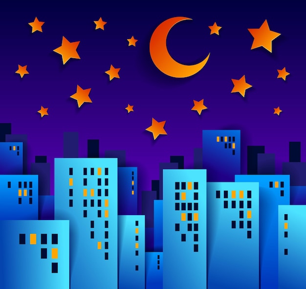 Stadtbild in der nacht mit mond- und sternenkarikatur-vektorillustration im papierschnitt-kinderanwendungsstil, hohe stadtgebäude-immobilienhäuser mitternachtszeit.