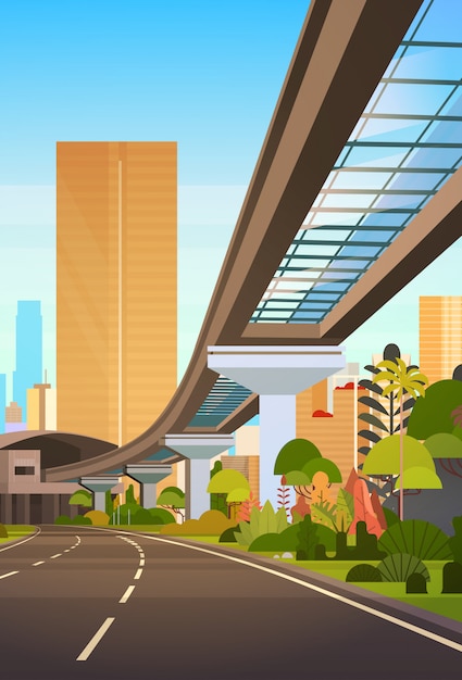Stadtbild mit Wolkenkratzern und Bahnstraßen-moderner Stadt-Ansicht