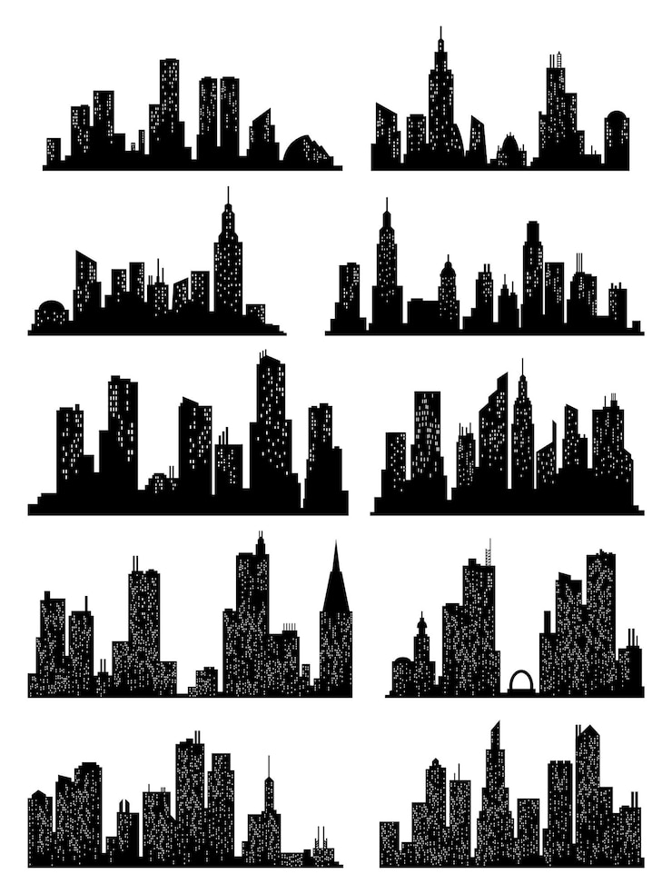 Vektor stadtbild-silhouette-sammlung. stadtgebäude, nachtstadt und horizontale städtische panoramasilhouetten eingestellt. skyline mit fenstern im flachen stil
