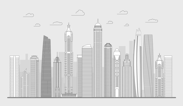 Stadtbild strichzeichnungen gebäude. stadtlinie abbildung panorama. skyline dünne linie vektor-illustration.