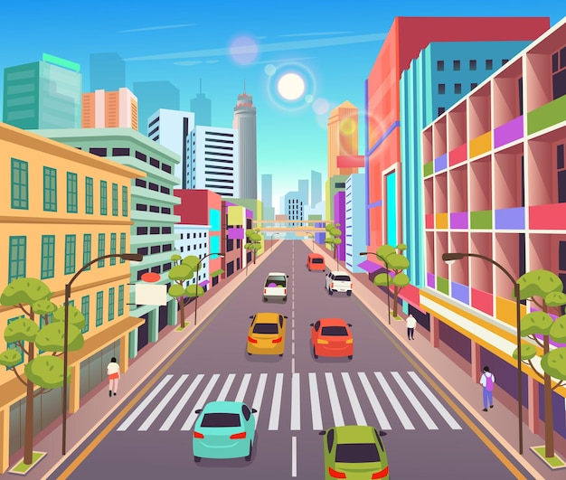 Stadtgebäude mit GeschäftenVektorillustration im Cartoon-StilStädtische Wolkenkratzer-Gebäudeansicht