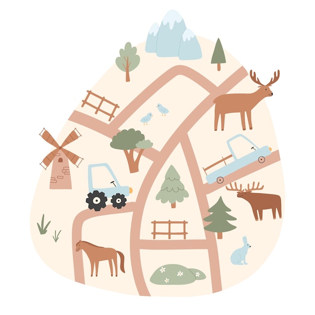 Vektor stadtkarte für kinder vektor-illustration einer stadtkarte mit autos, bergen und bäumen