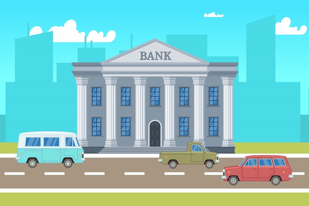 Stadtlandschaft mit Bankgebäude, Autos, Skylines Silhouetten Vektorillustration