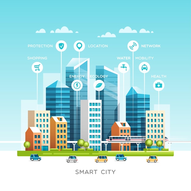 Stadtlandschaft mit gebäuden, wolkenkratzern und verkehrsverkehr. konzept der intelligenten stadt mit verschiedenen symbolen. illustration.