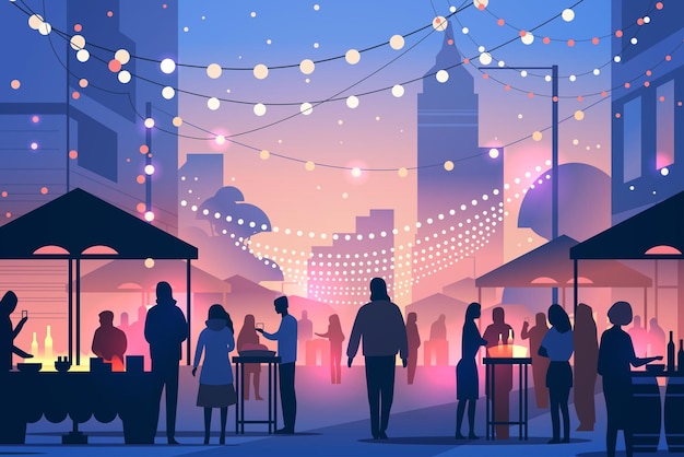 Stadtnachtmarkt-Festivalszene mit Menschen, Silhouetten, lebendige Lichter, städtische Umgebung, farbenfroher Hintergrund, Straßenstände, soziale Zusammenkünfte