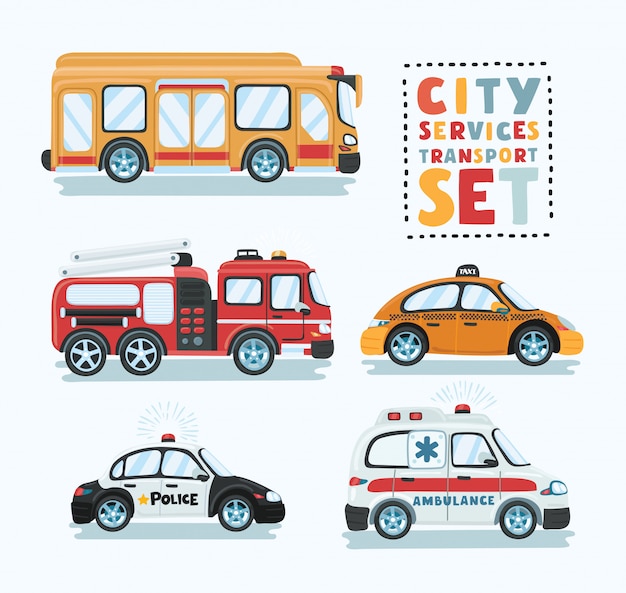 Stadtnottransportset. krankenwagen, abschleppwagen, schulbus, polizeiauto, feuerwehrauto-illustration. service auto fahrzeug, städtisches sozialauto, pannenhilfe transport.