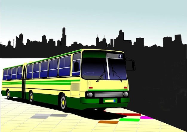 Stadtpanorama mit busbild, coach-vektorillustration