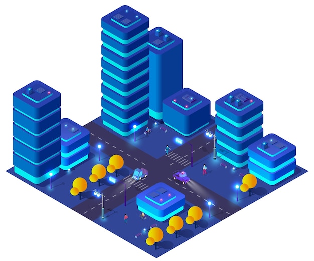 Stadtplan der stadt isometrische nachtlichter ultraviolette 3d-darstellung