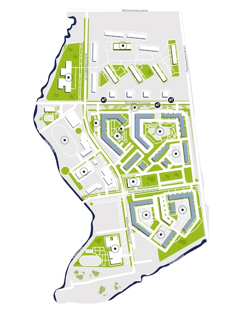 Stadtplan eines Areals mit der Bezeichnung von Parks, Straßen, Häusern, sozialen Einrichtungen