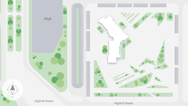 Stadtplan eines Gebiets mit der Bezeichnung von Parks, Straßen, Häusern, sozialen