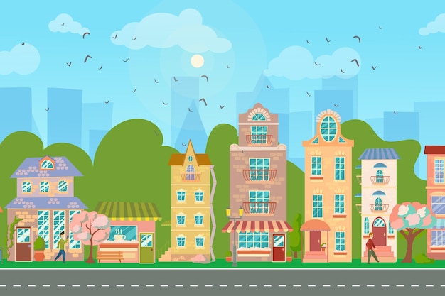Stadtstraße Panorama-Stadtbild mit hellen Häusern zu Fuß Fußgänger blühende Bäume Geschäfte und Läden Frühlingsstadt Vektorillustration im Cartoon-Stil