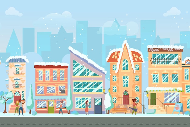 Vektor stadtstraße panorama-stadtbild mit hellen häusern zu fuß fußgänger schnee geschäfte und geschäfte winterstadt vektorillustration im cartoon-stil
