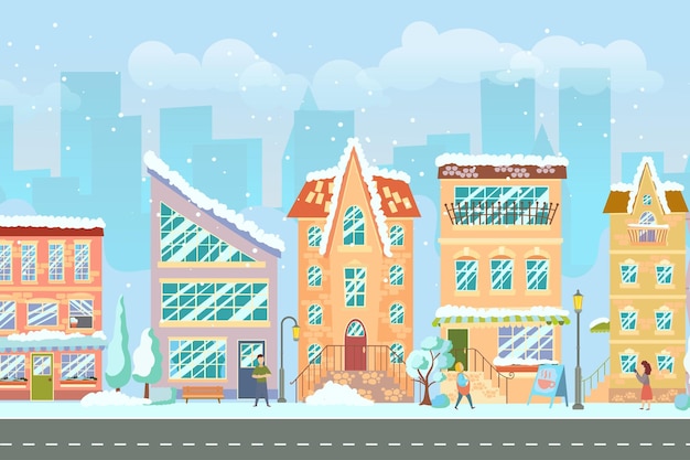 Stadtstraße panorama-stadtbild mit hellen häusern zu fuß fußgänger schnee geschäfte und geschäfte winterstadt vektorillustration im cartoon-stil