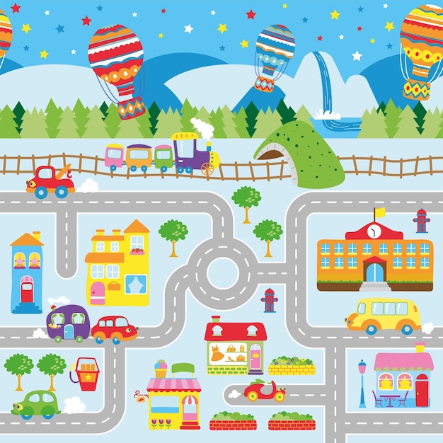 Stadtstraßenbahnkartenillustration für kinderrollmattendesign